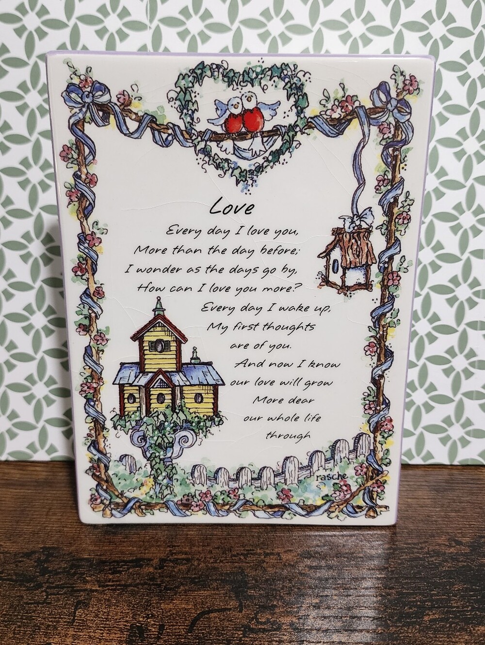 Vintage Love Poem Decorative Plaque with Bird and Cottage Illustration